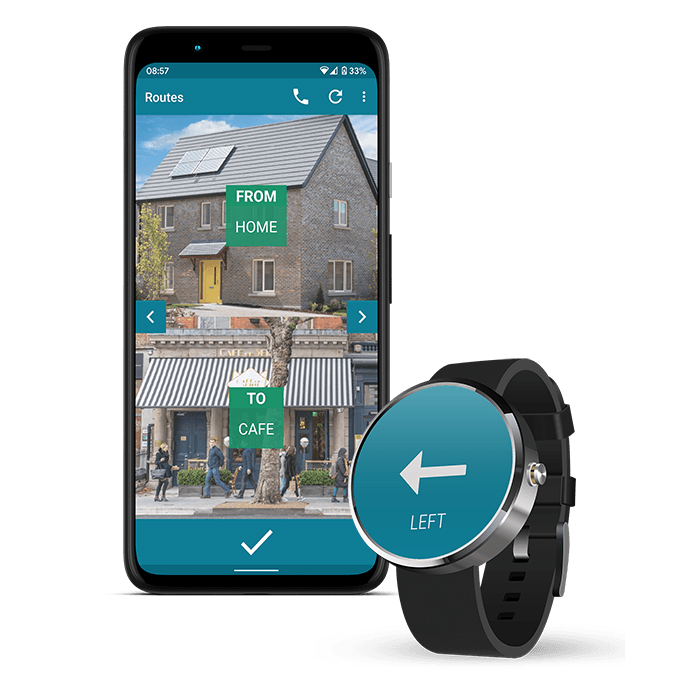 Image of phone showing a route on the waytoB app. It says 'from home to cafe' and contains two pictures, one of a house and another of a cafe. There is also a watch showing an 'turn left' icon, which is an arrow pointing left.